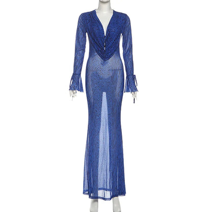 Women's Leopard Print Mesh Ruched Maxi Dress