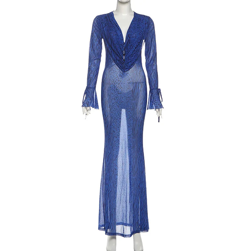 Women's Leopard Print Mesh Ruched Maxi Dress