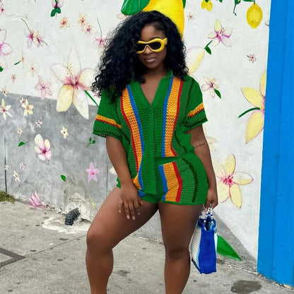 Women's Stripe Knit Short Sleeve Two Piece Set