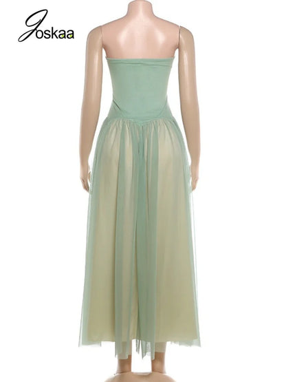 Women's Mesh Backless Strapless Maxi Dress Green – Detail View
