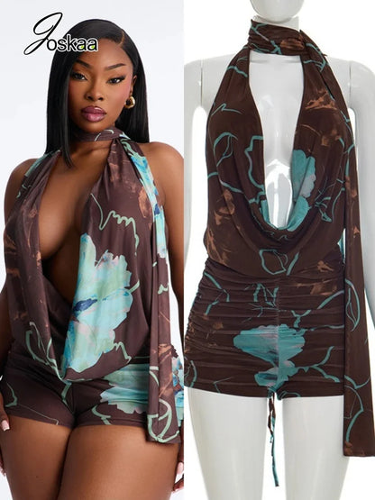 Women's Floral Print Mesh Ruched Backless Romper – Women's Fashion Wholesale – Front View