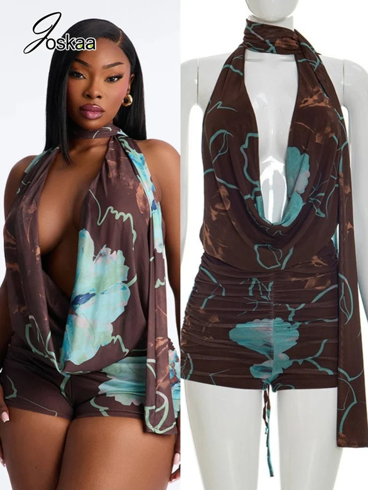 Women's Floral Print Mesh Ruched Backless Romper – Women's Fashion Wholesale – Front View