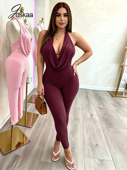 Women's Backless Halter Bodycon Jumpsuit Romper Light Brown – Side View