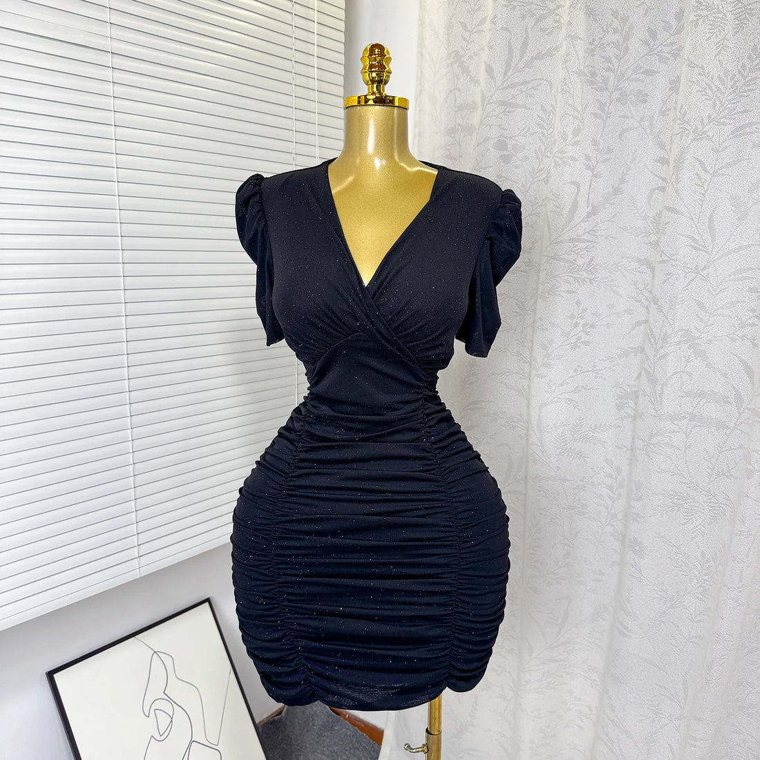 Women's Sequin Ruched V-neck Bodycon Mini Dress - Detail View 8