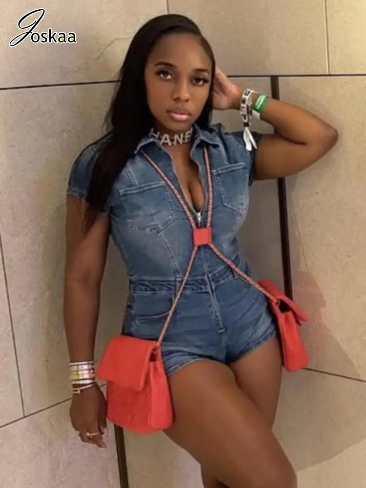 Women's Denim Short Sleeve Bodycon Romper – Women's Fashion Wholesale – Front View
