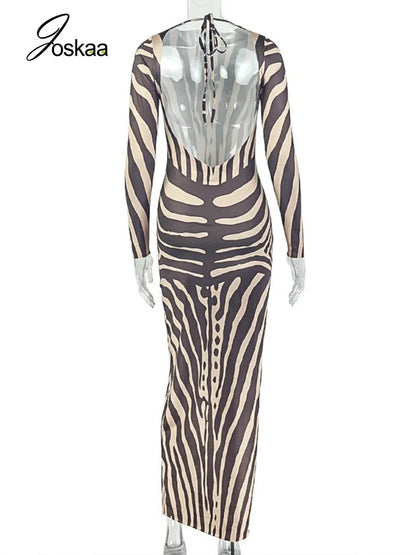 Women's Striped Backless Long Sleeve Bodycon Maxi Dress - Detail View