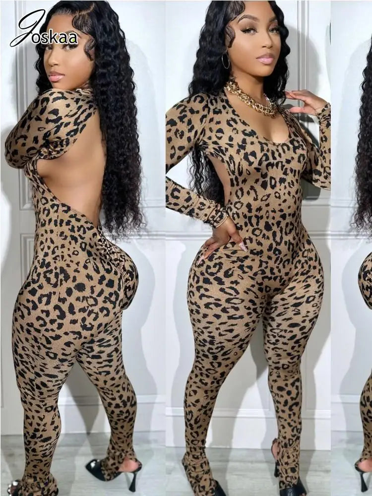 Women's Leopard Print Backless Long Sleeve Romper Dark Brown Leopard – Front View