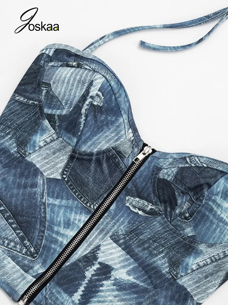 Women's Denim Print Halter Zip Up High Waist Two Piece Set - Model Wearing Style