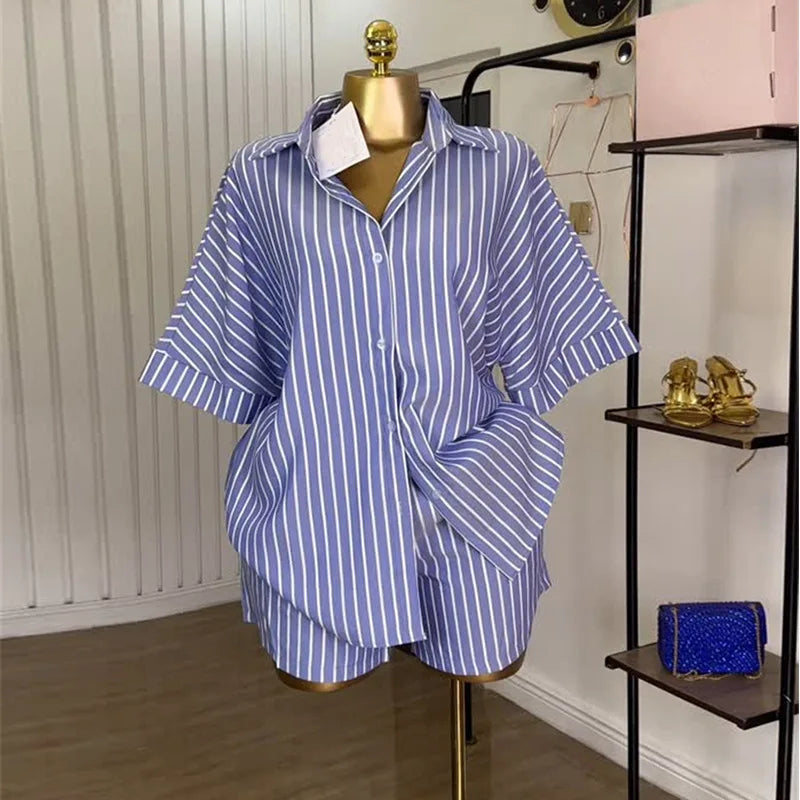 Women's Stripe Short Sleeve Two Piece Set