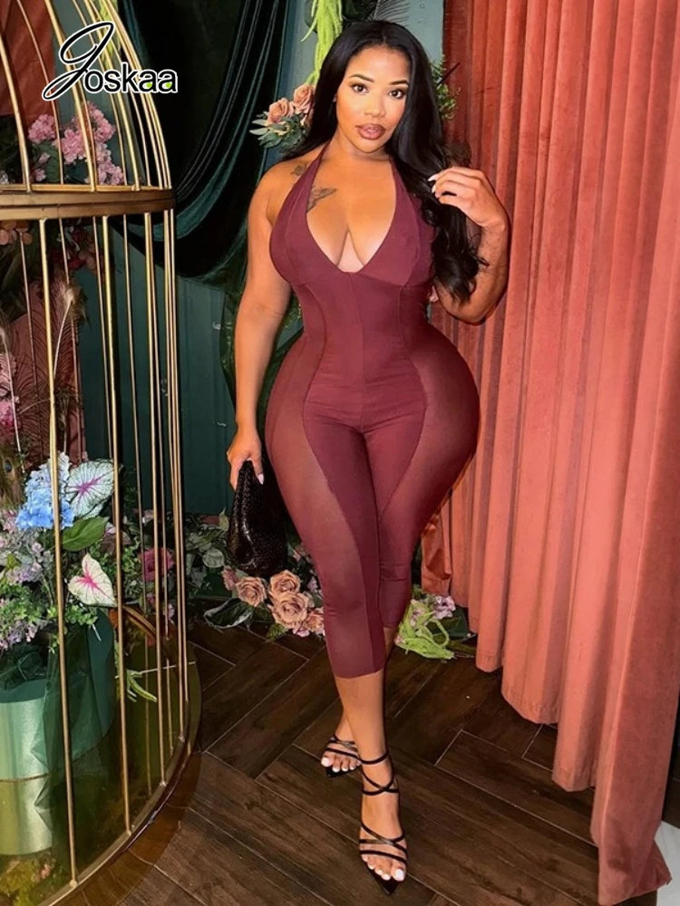 Women's Mesh Backless Halter Bodycon Romper Wine Red – Front View