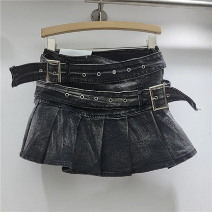 Women's Denim Mini Pleated Retro Low Skirt