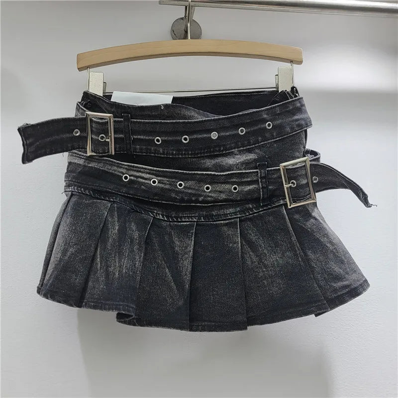 Women's Denim Mini Pleated Retro Low Skirt