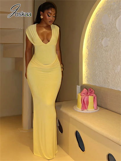 Wholesale Women's Ruched Sleeveless Bodycon Dress Yellow – Front View