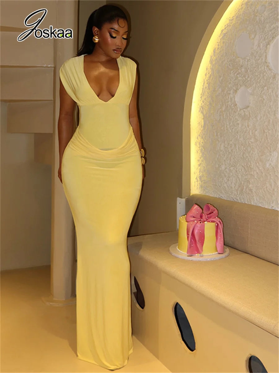 Wholesale Women's Ruched Sleeveless Bodycon Dress Yellow – Front View