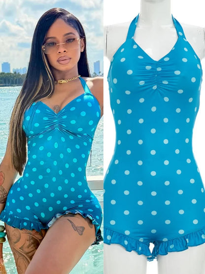 Women's Polka Dot Ruched V-neck Halter Romper - Additional View 8