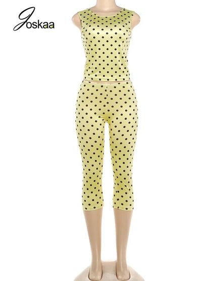 Women's Polka Dot Sleeveless Crop Two Piece Set Yellow – Back View