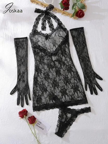 Wholesale Women's Lace Halter Mini Two Piece Set Black – Back View