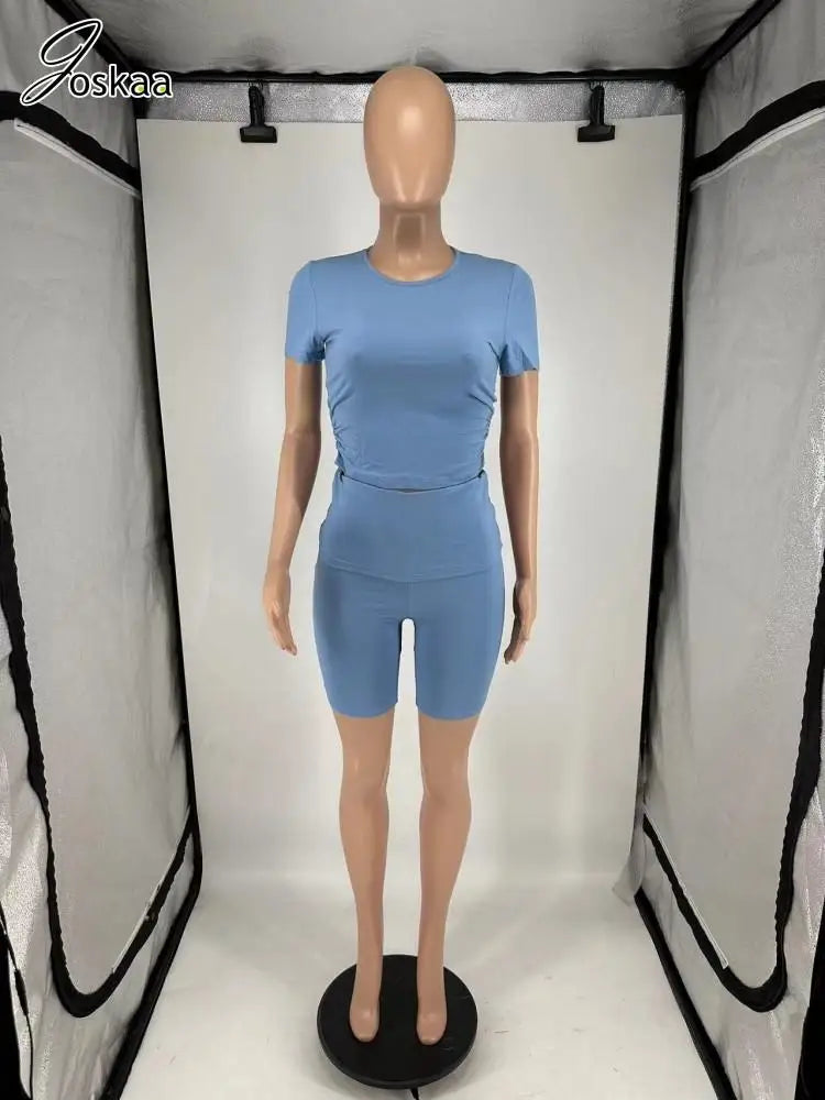 Women's Ruched Short Sleeve Crop Two Piece Set Blue – Back View
