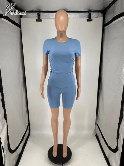 Women's Ruched Short Sleeve Crop Two Piece Set Blue – Back View