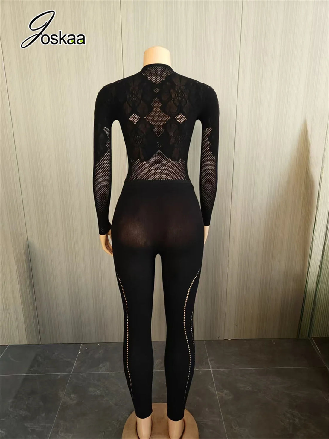 Women's Black Mesh Long Sleeve Two Piece Set - Detail View 5
