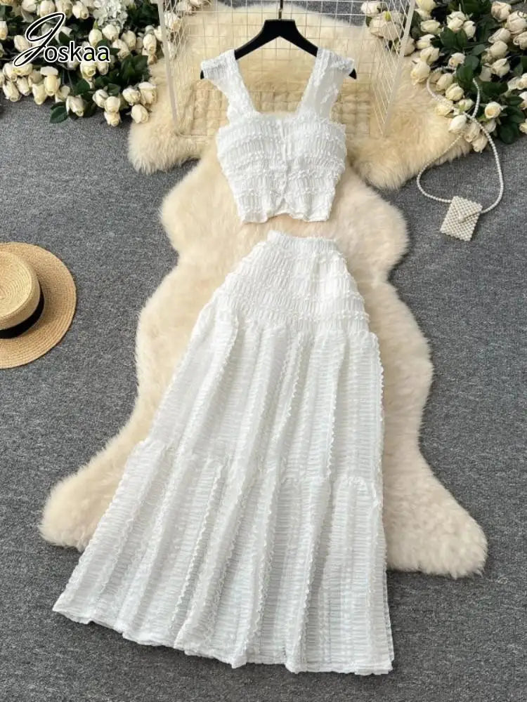 Women's Crop High Waist Pleated Two Piece Set White – Side View