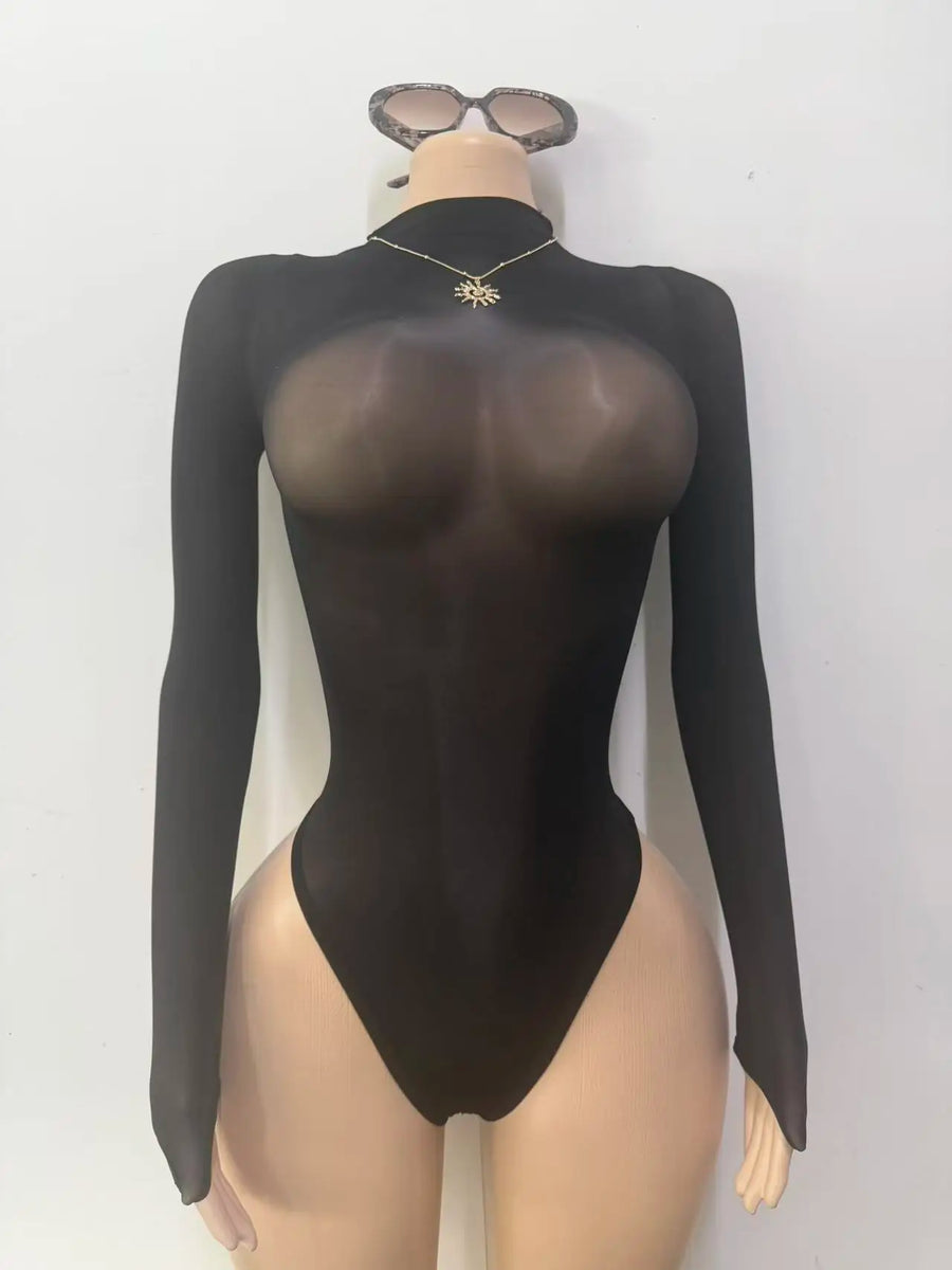 Joskaa Mesh Long Sleeve Bodysuit Shiny Seamless Transparent - bodysuit image 5