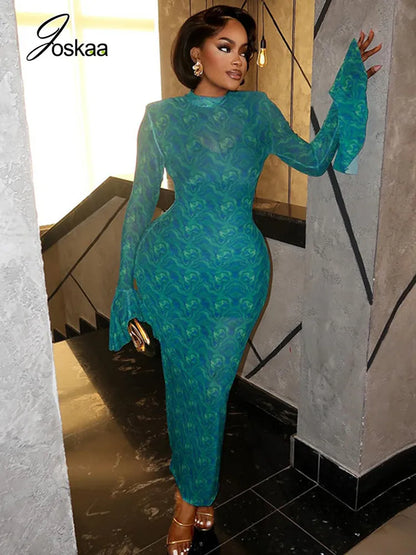 Women's Mesh Long Sleeve Bodycon Maxi Dress – Women's Fashion Wholesale – Front View