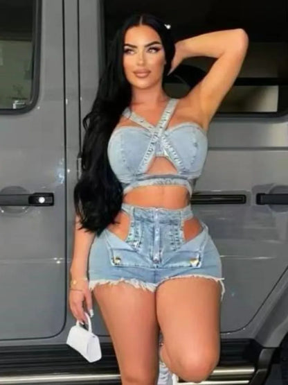 Women's Denim Cutout Stretch Irregular Tank Two Piece Set