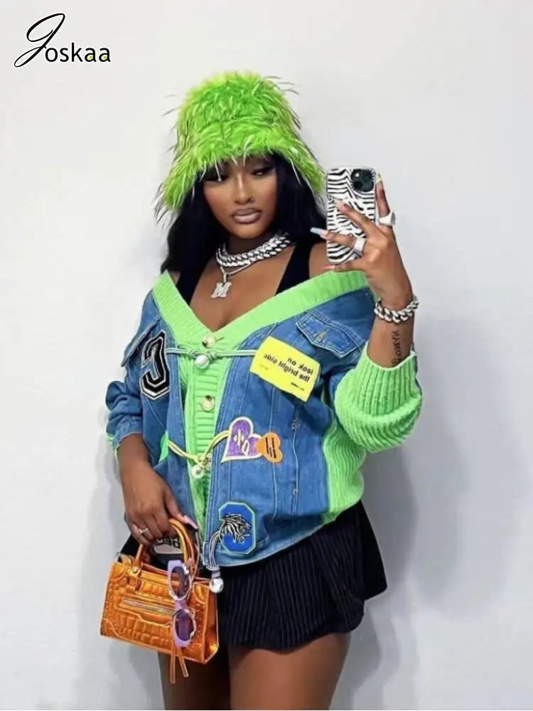 Women's Denim Knit Long Sleeve Ribbed Jacket – Women's Fashion Wholesale – Front View
