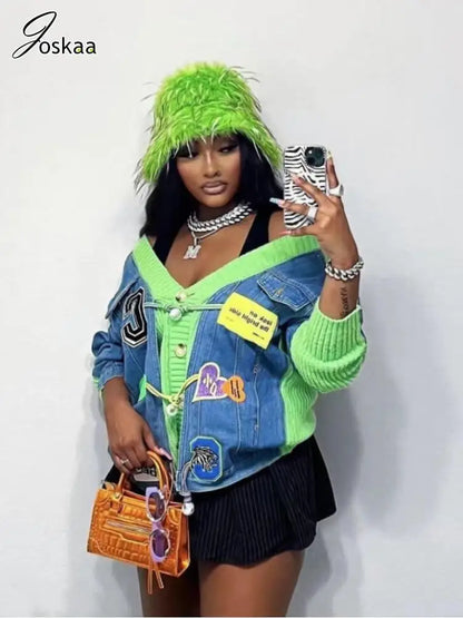 Women's Denim Knit Long Sleeve Ribbed Jacket – Women's Fashion Wholesale – Front View
