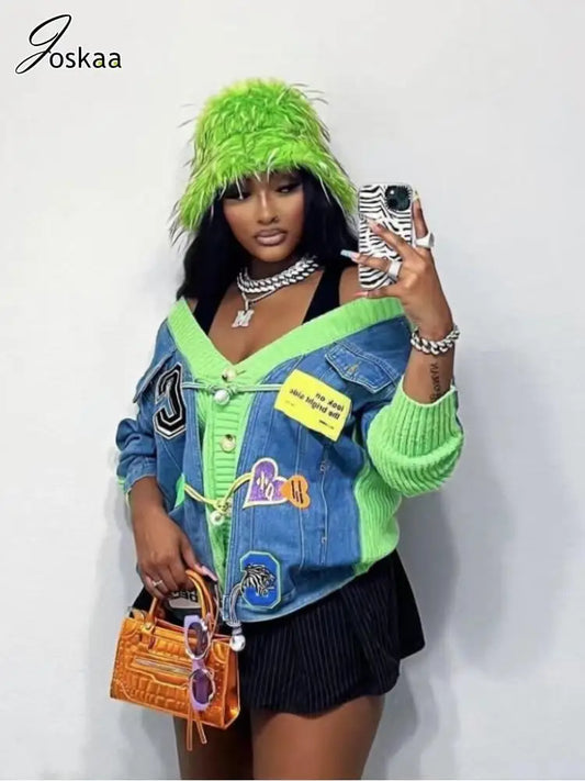 Women's Denim Knit Long Sleeve Ribbed Jacket – Women's Fashion Wholesale – Front View