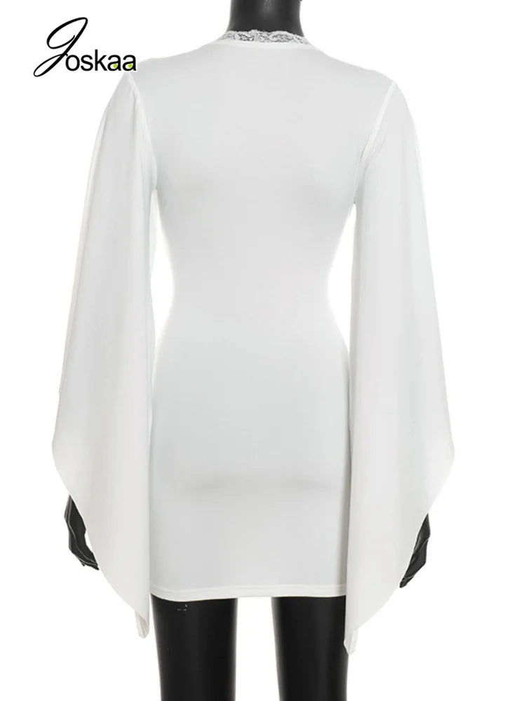 Women's Lace V-neck Long Sleeve Bodycon Mini Dress - Detail View