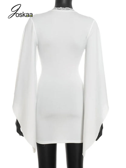 Women's Lace V-neck Long Sleeve Bodycon Mini Dress - Detail View