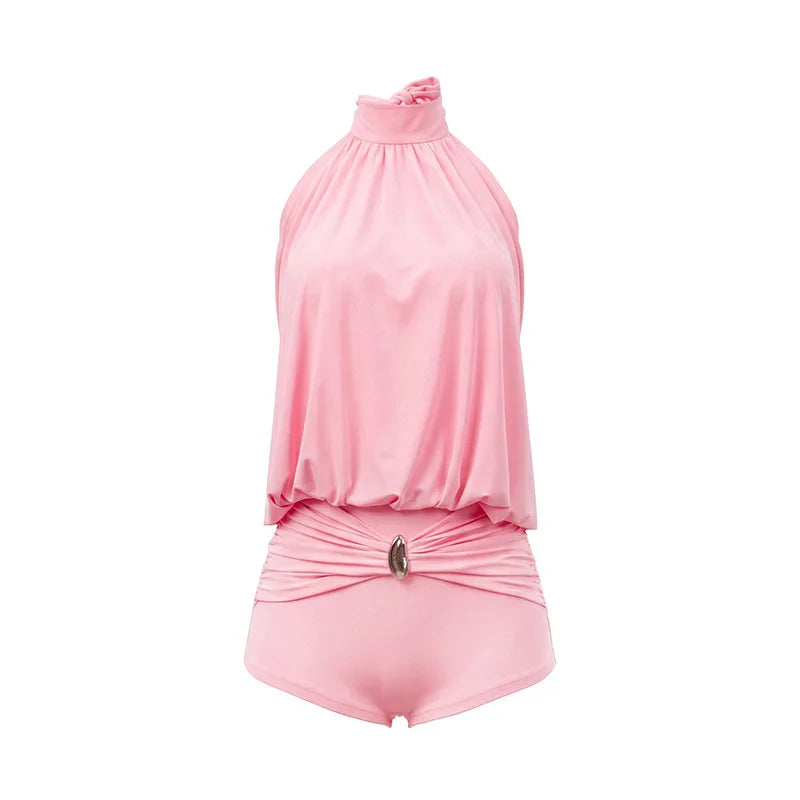 Women's Lace Ruched Backless Halter Romper - Additional View 7