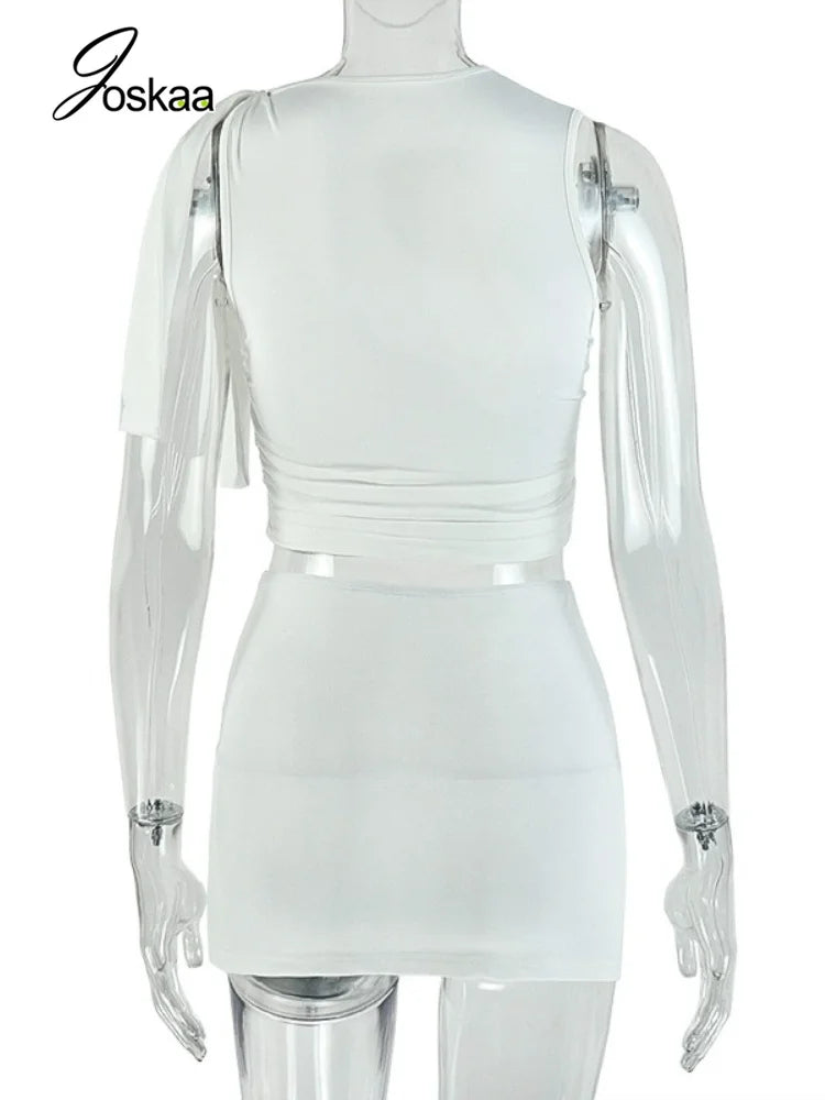 Wholesale Women's Ruched Crop Mini Two Piece Set White – Detail View