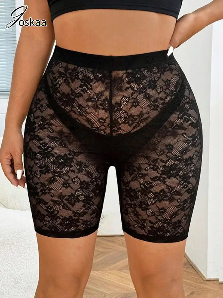 Women's Lace Jacquard Short Leggings Pants Black – Front View