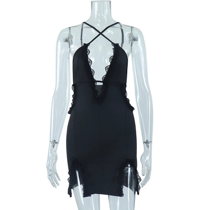 Women's Lace Backless Black Stitching Deep Mini Dress