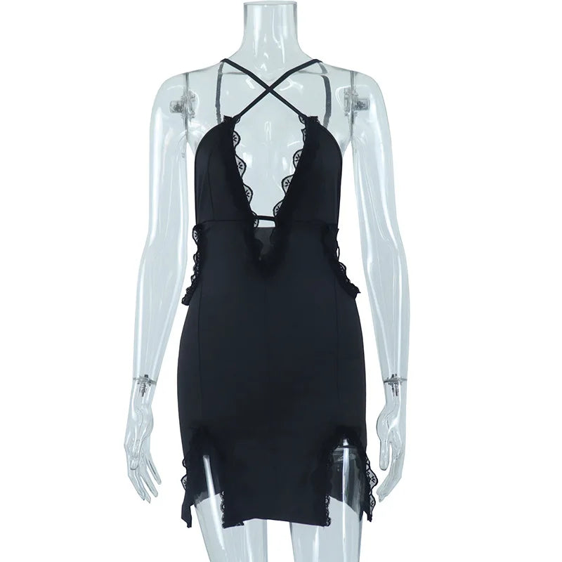 Women's Lace Backless Black Stitching Deep Mini Dress