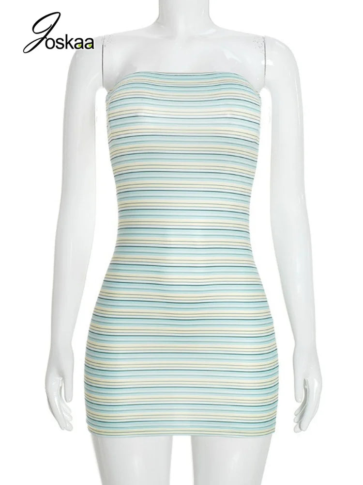 Women's Striped Backless Strapless Sleeveless Mini Dress - Back View