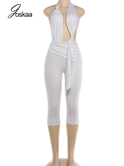 Women's Ruched Backless Halter Sleeveless Romper White – Detail View