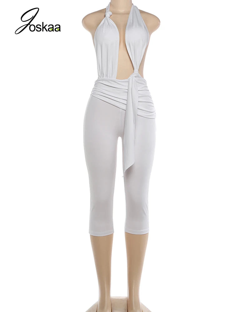 Women's Ruched Backless Halter Sleeveless Romper White – Detail View