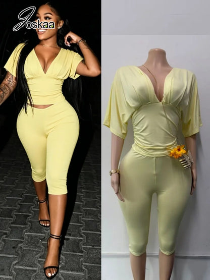 Women's Ruched V-neck Two Piece Set - Women's Fashion Wholesale - Front View
