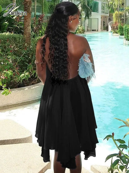 Women's Lace Ruched Backless Halter Mini Dress Black – Front View
