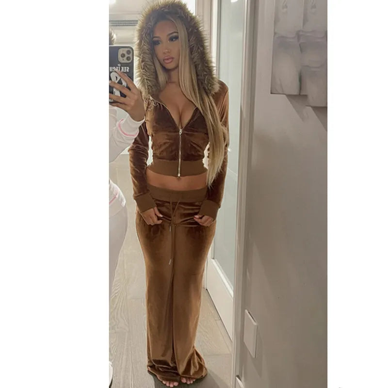 Women's Velvet Flare Hooded Two Piece Set