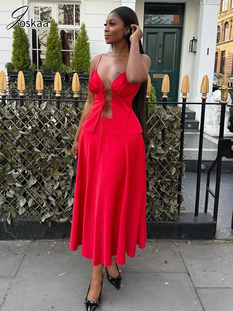 Women's Sleeveless High Waist Two Piece Set Red – Front View