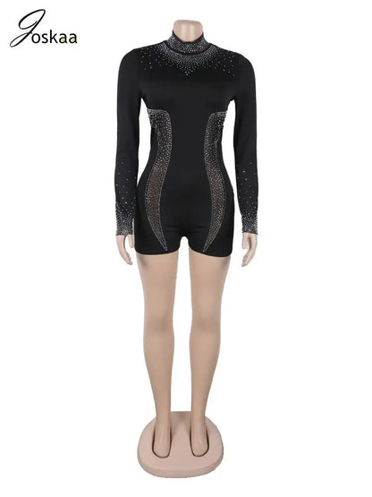 Women's Rhinestone Mesh Long Sleeve Romper Black – Side View