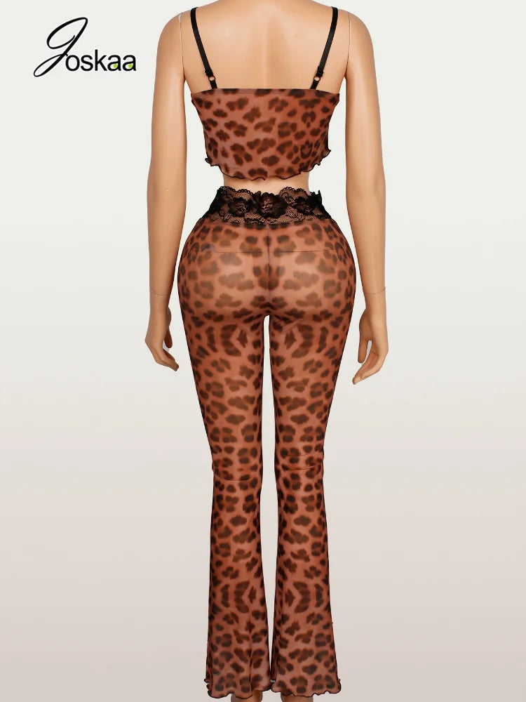 Women's Leopard Print Mesh Lace Sleeveless Two Piece Set - Detail View
