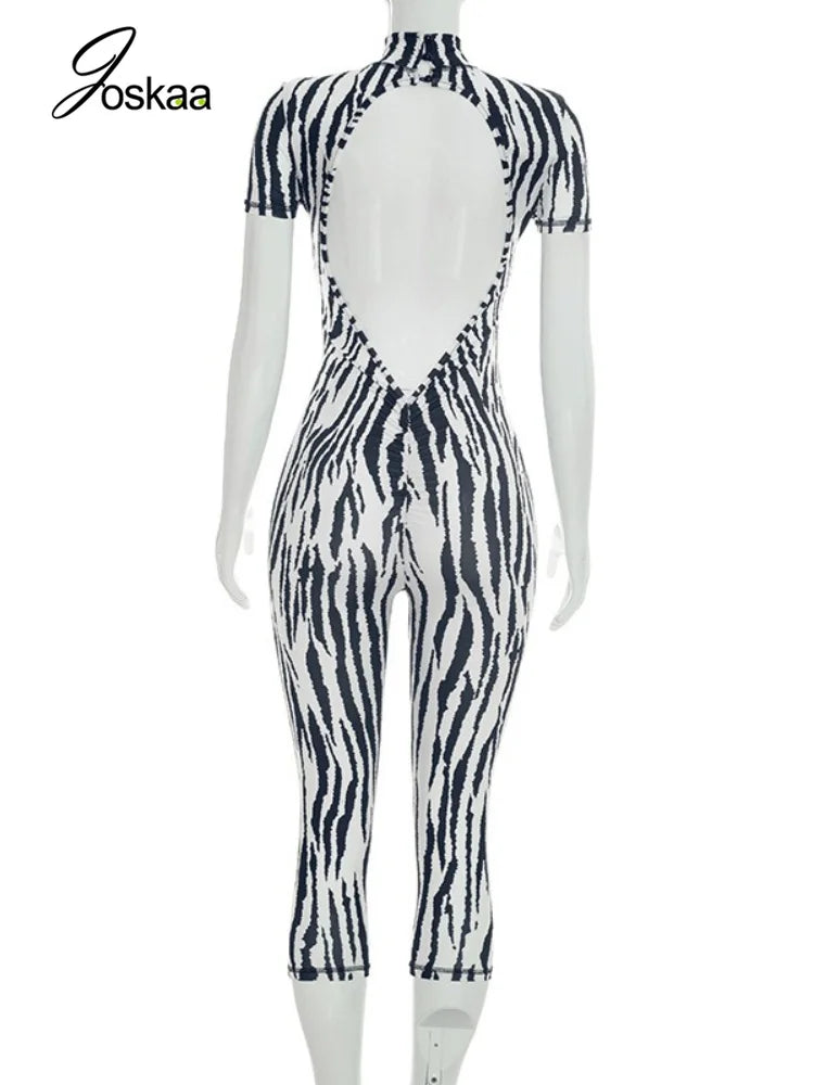 Women's Zebra Print Backless Bodycon Romper - Detail View