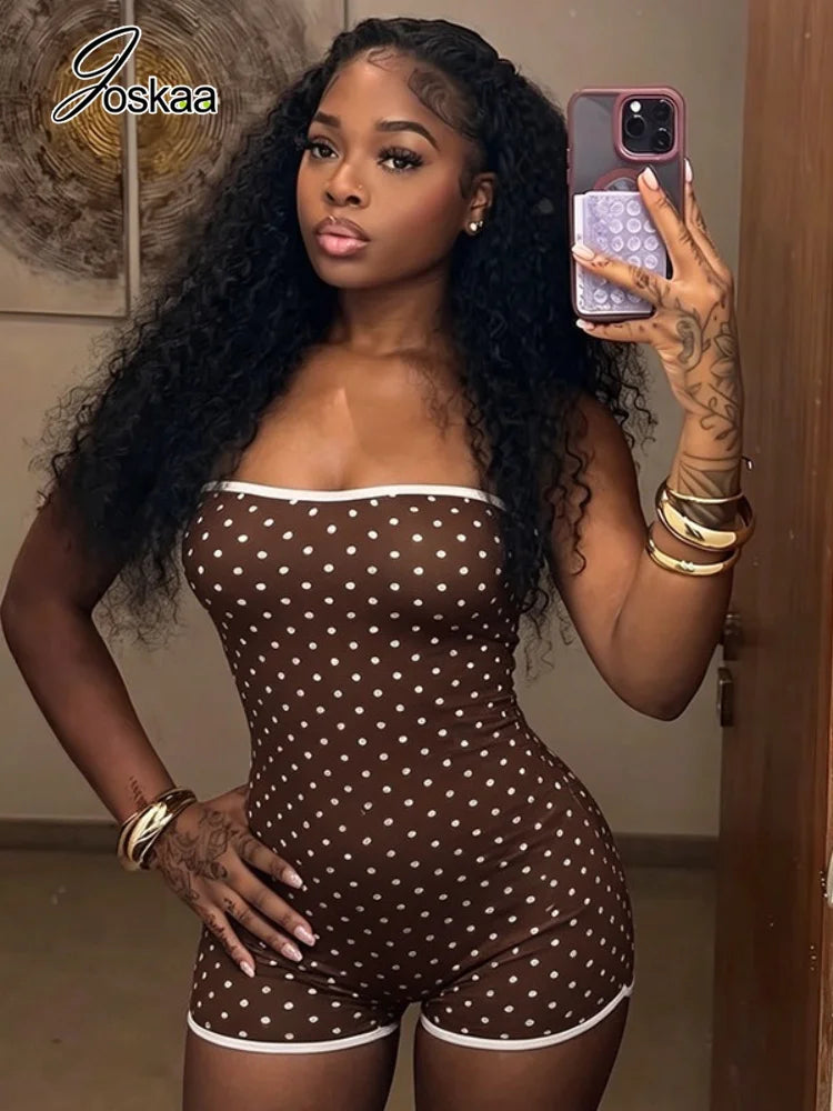 Women's Polka Dot Backless Strapless Romper Pink – Front View