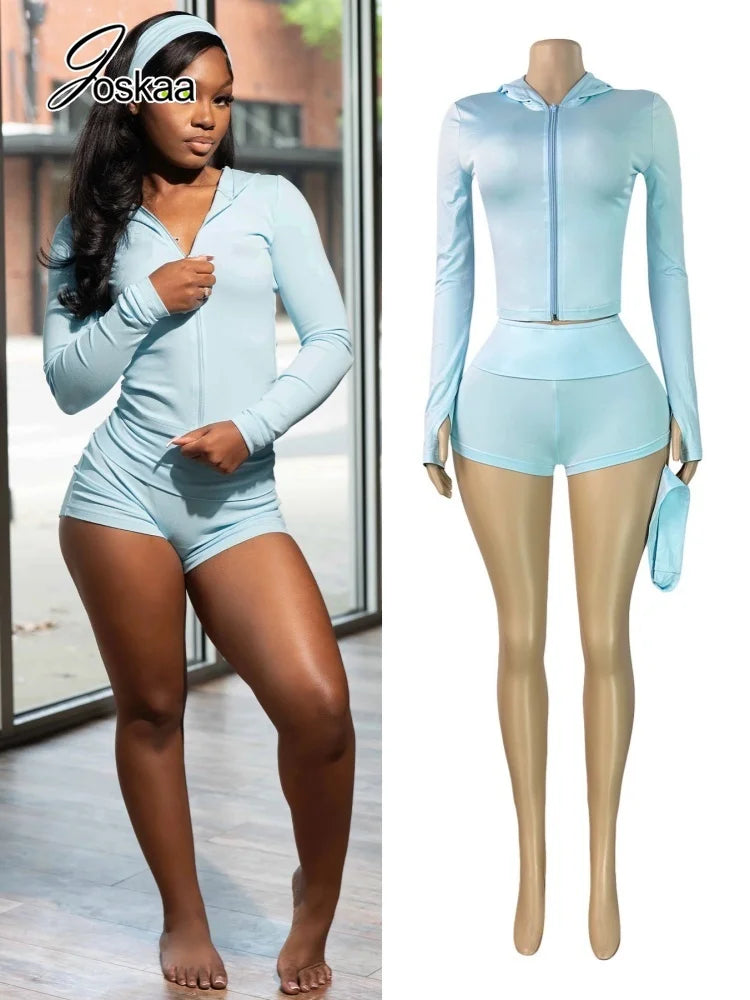Women's Long Sleeve Zip Hooded Two Piece Set Green – Front View